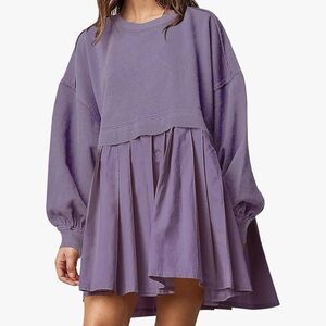 Crew neck pleated sweatshirt dress long sleeve
